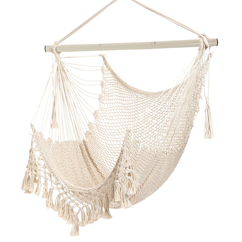 YAERSI Hammock Chair Max 330lbs  Large Hanging Chair  Soft Cotton Rope Swing Chair with High Load-Bearing Metal Rod Indoor Outdoor Garden Yard Living Room Use Beige - Image 1